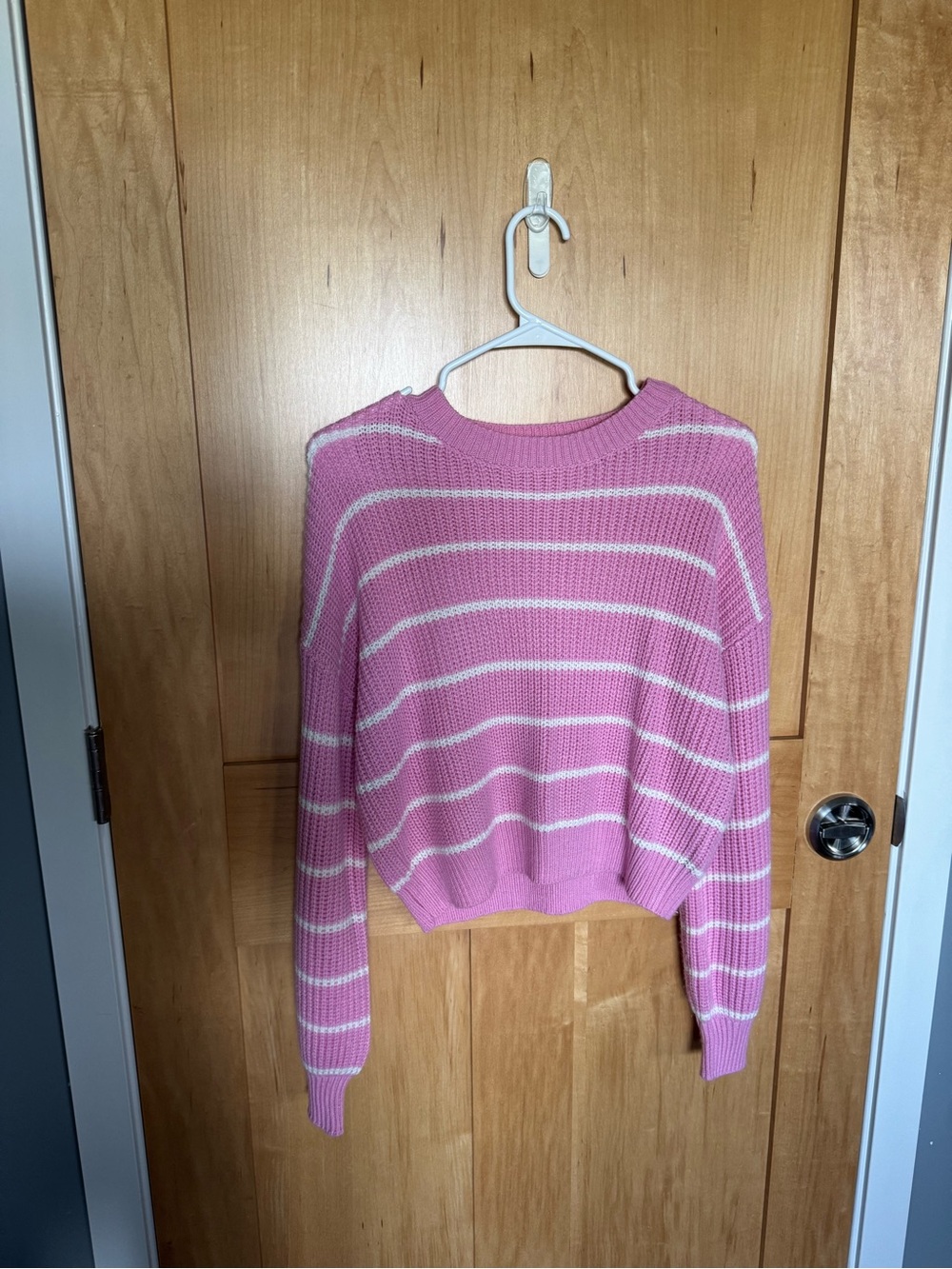 SHEIN Pink and White Striped Crewneck Sweater